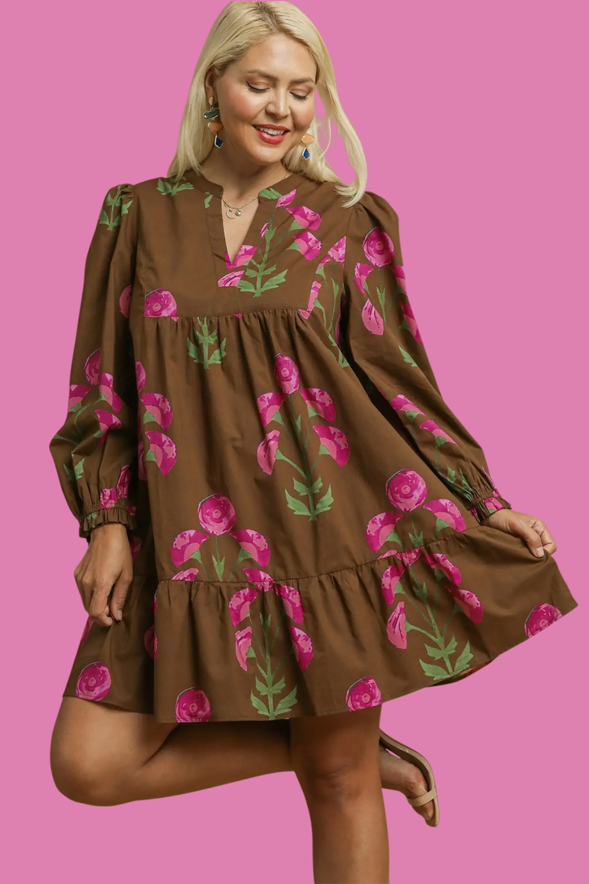 Plus Chocolate & Pink Floral Babydoll Dress