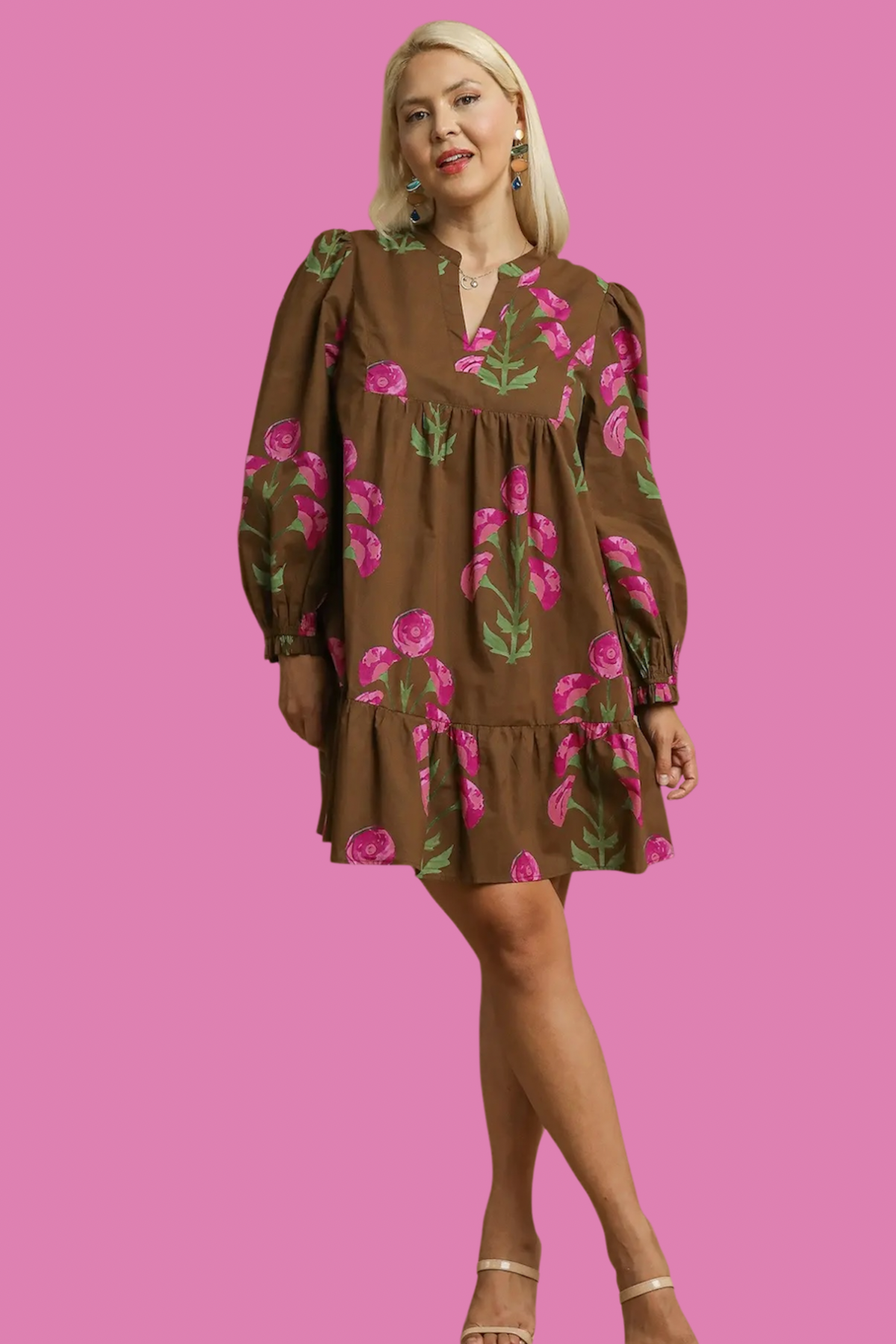 Plus Chocolate & Pink Floral Babydoll Dress