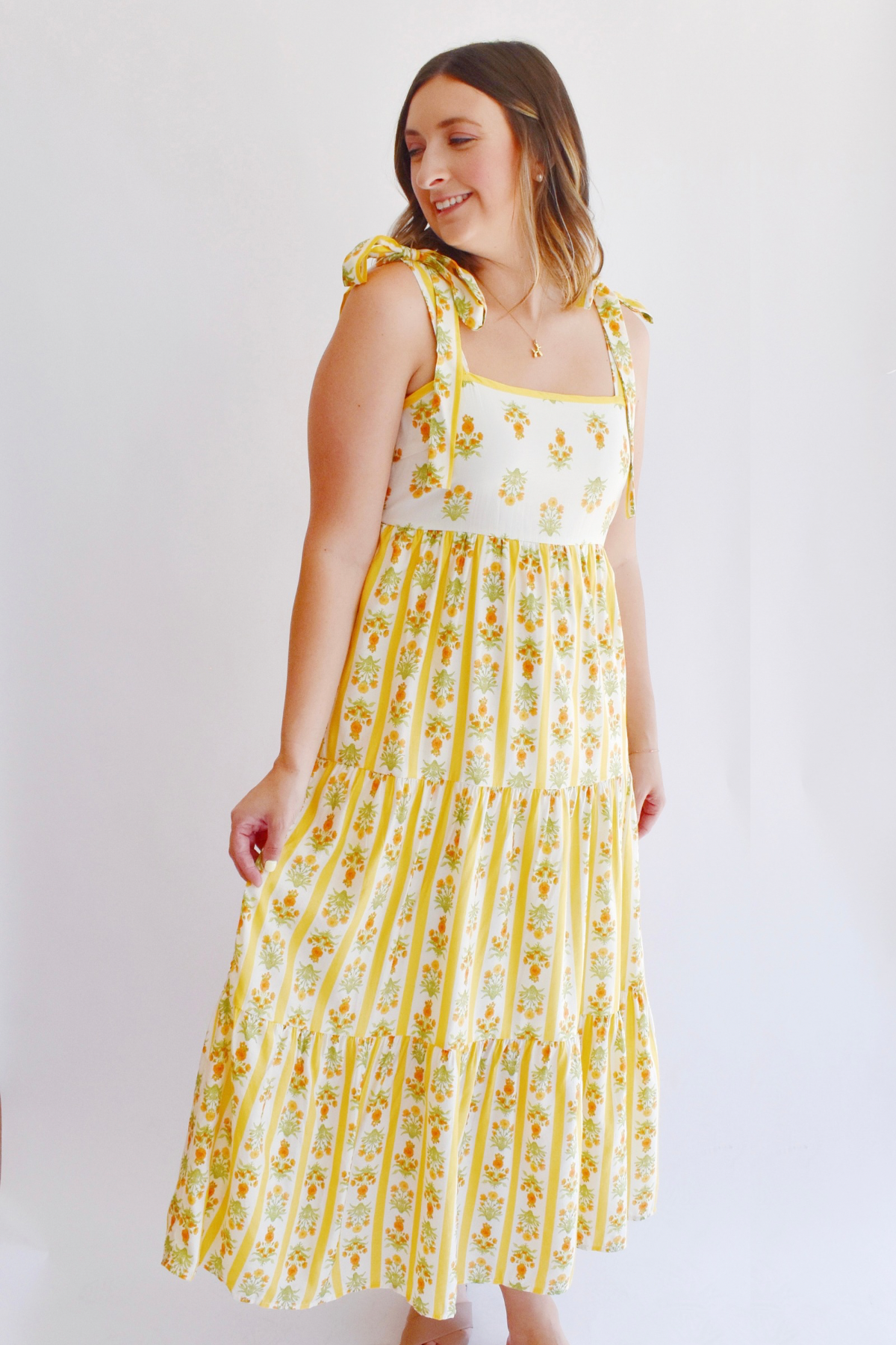 Sunshine Yellow Floral & Stripe Midi Dress