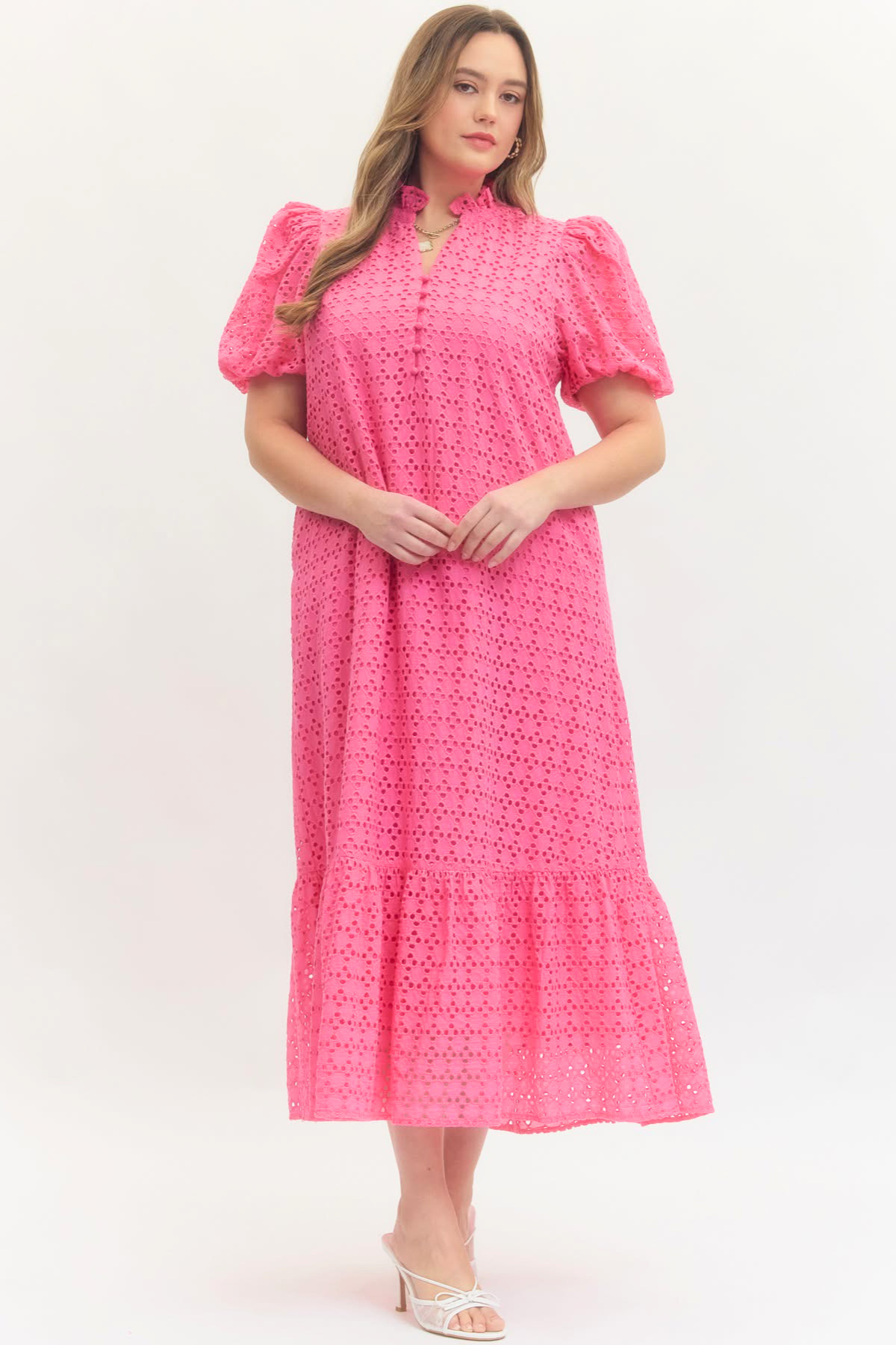 Plus Hot Pink Eyelet Midi Dress