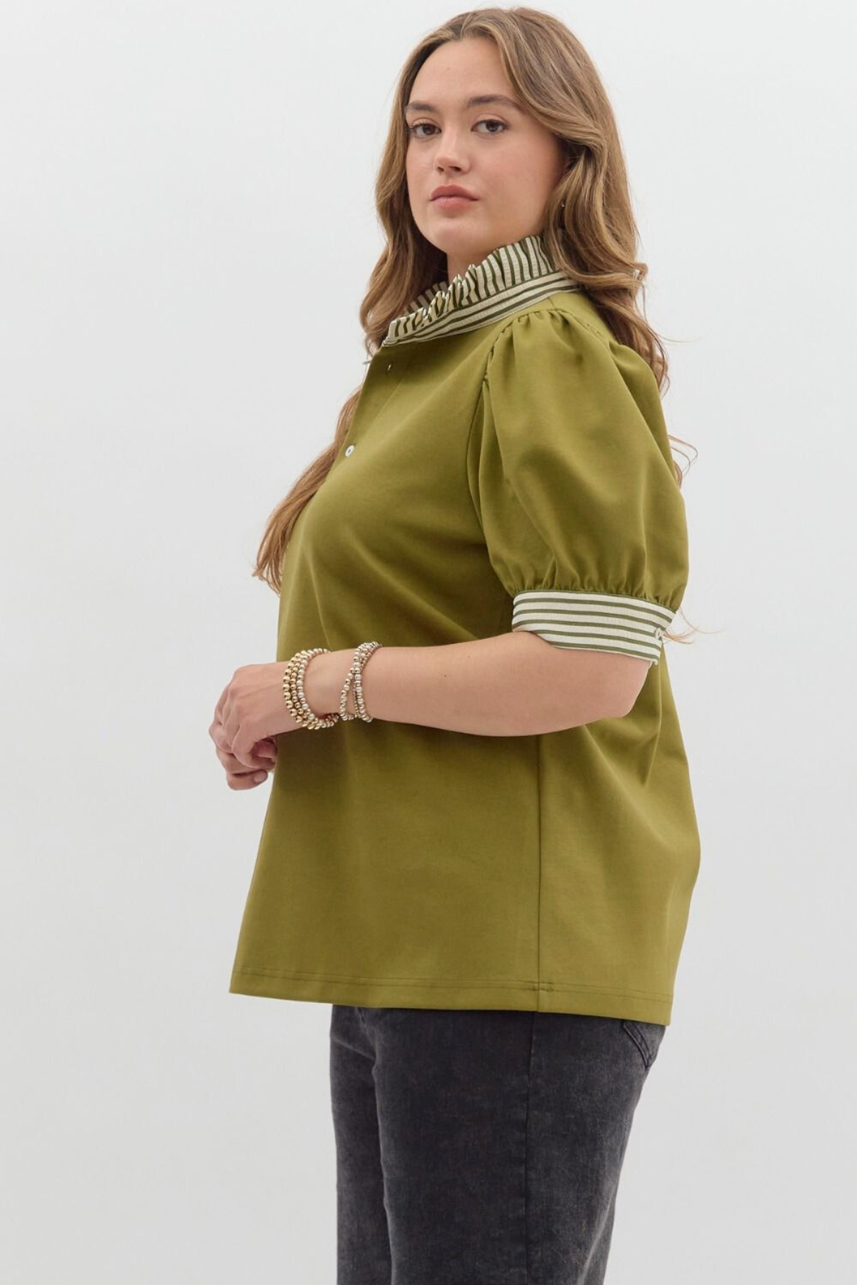 Plus Olive Striped Contrast Ruffle Neck Top