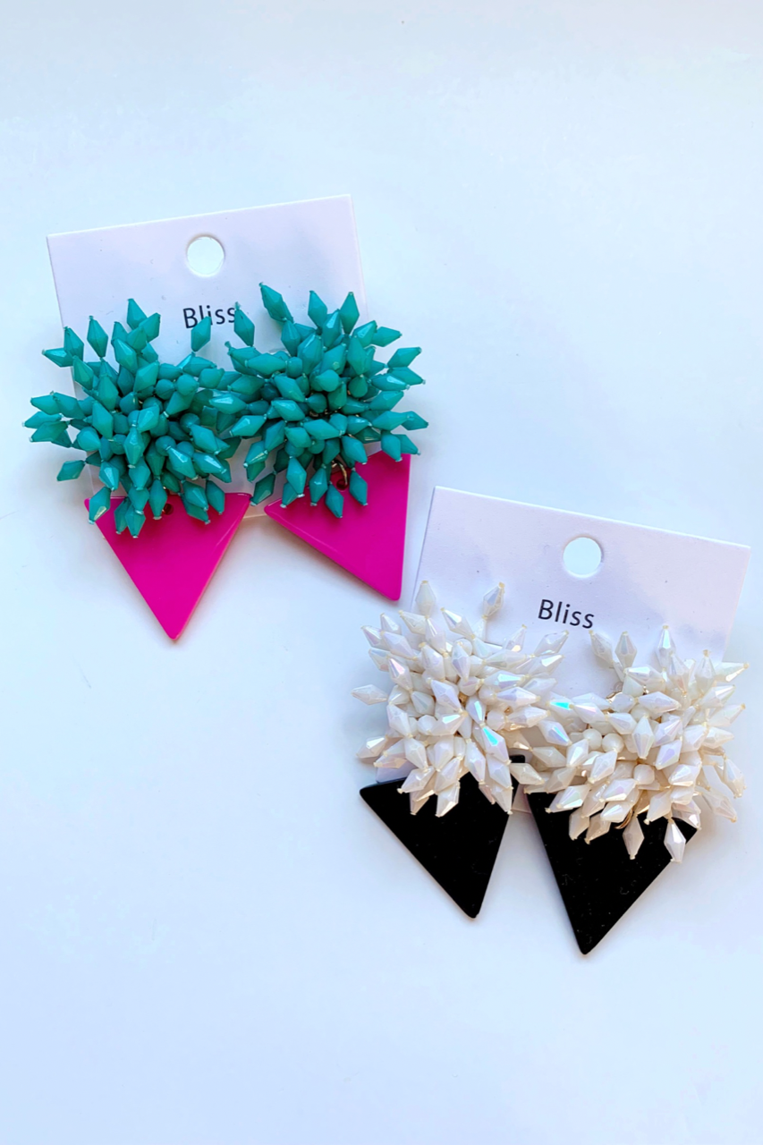 Pom Pom Acrylic Triangle Earrings