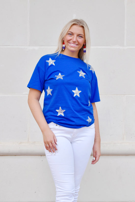 Load image into Gallery viewer, Royal Blue Sequin Star Patch T-Shirt

