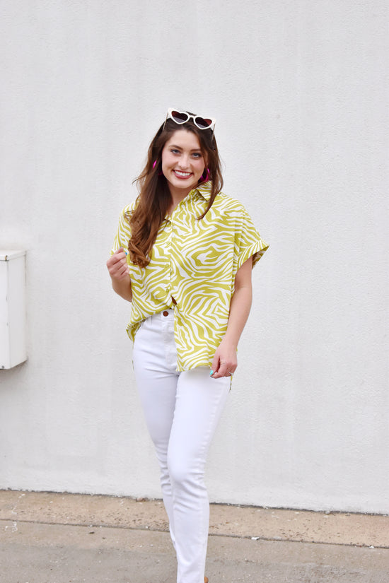 Load image into Gallery viewer, Lime Zebra Printed Collared Button Up Top
