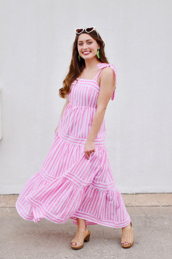 Load image into Gallery viewer, Palm Beach Pink Striped Midi Dress
