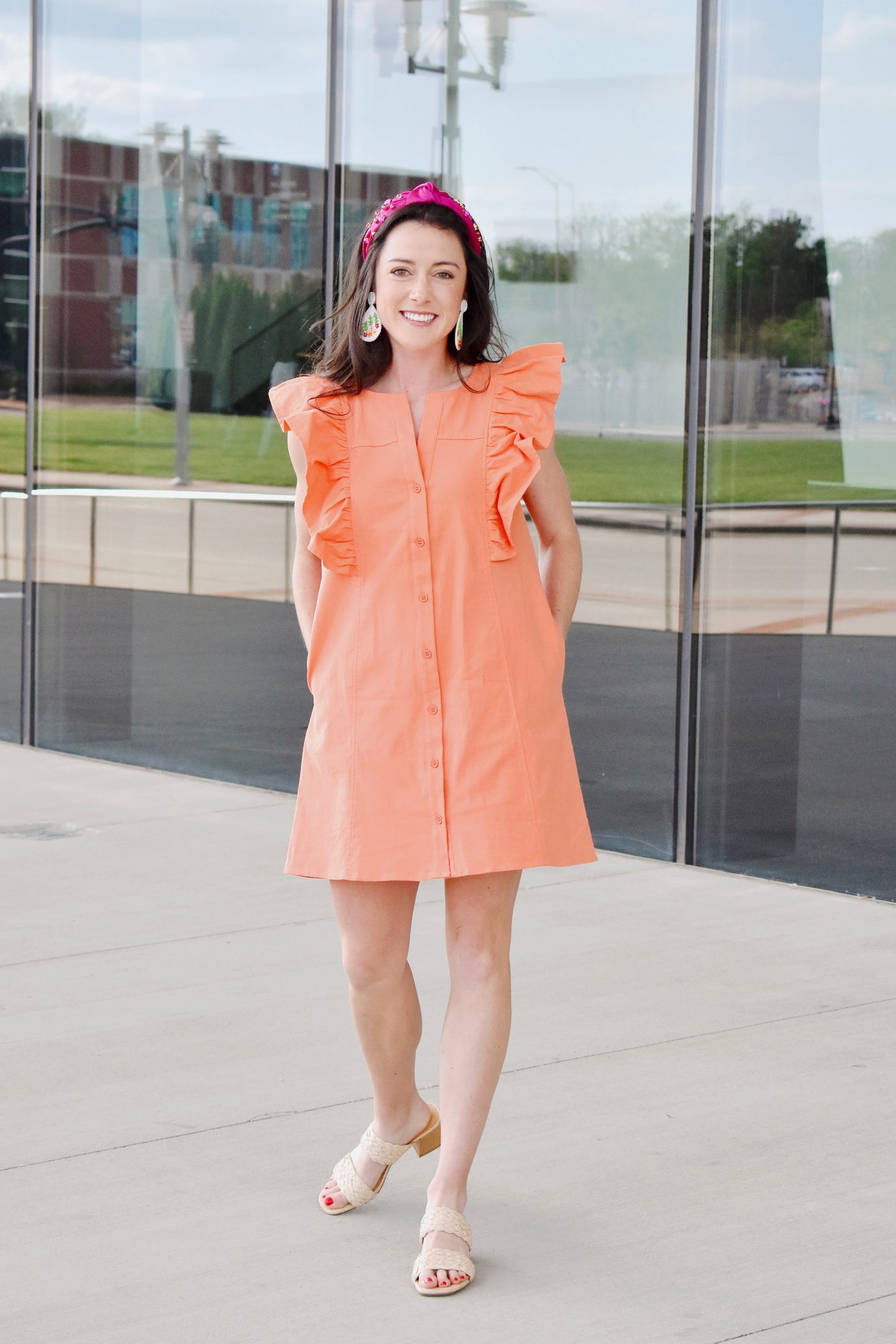 Load image into Gallery viewer, Orange Crush Ruffle Button Up Dress
