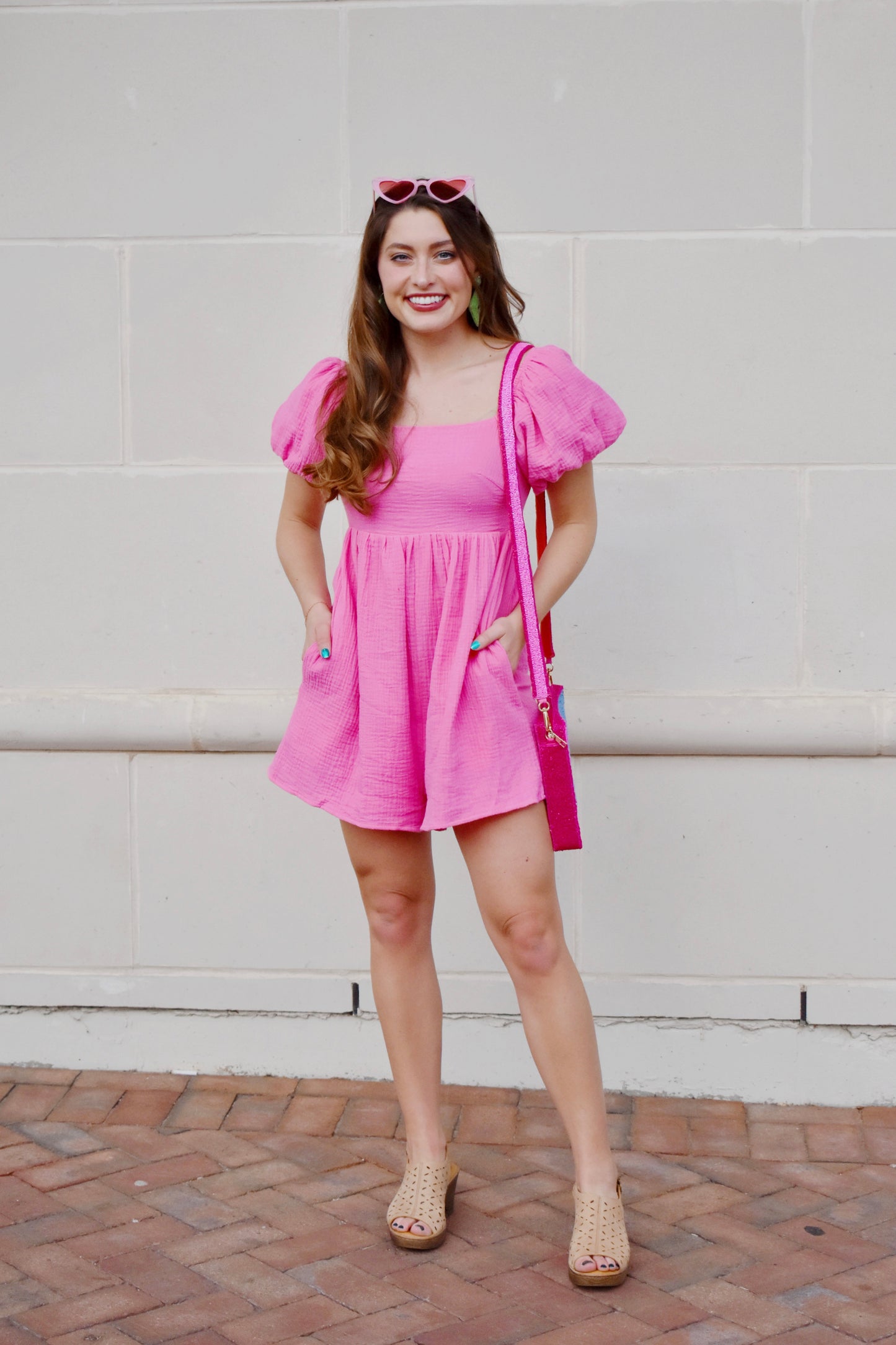 Load image into Gallery viewer, Bubblegum Pink Square Neck Gauze Romper
