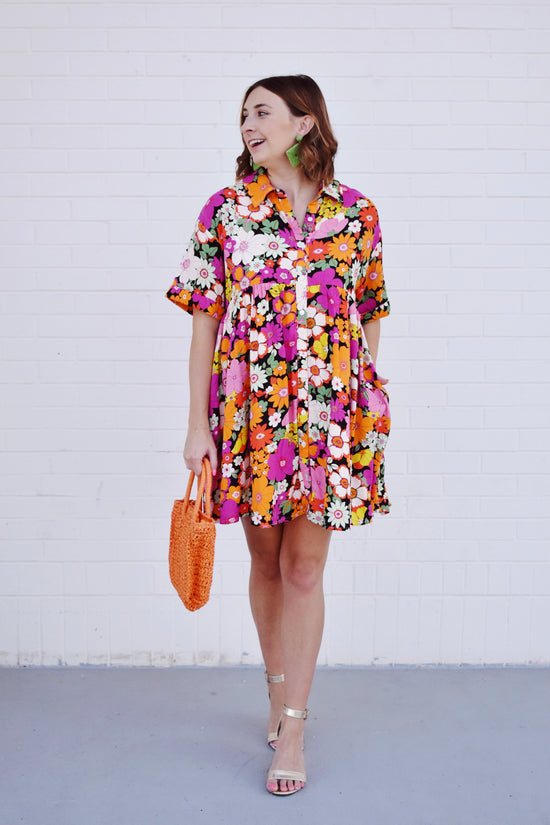 Load image into Gallery viewer, Sunset Flower Field Button Down Collared Dress
