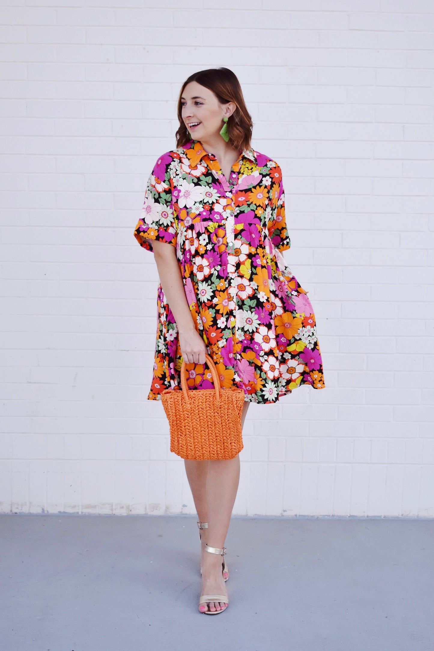 Load image into Gallery viewer, Sunset Flower Field Button Down Collared Dress
