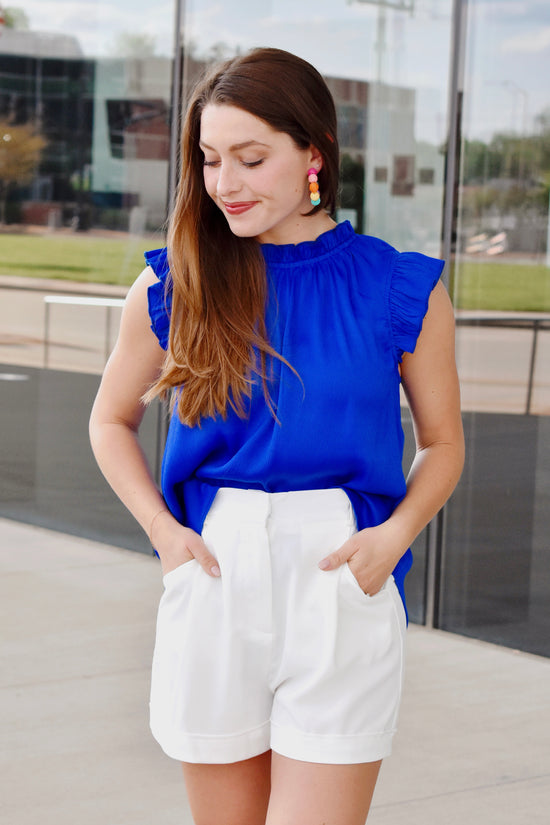 Load image into Gallery viewer, Royal Blue High Neck Ruffle Top
