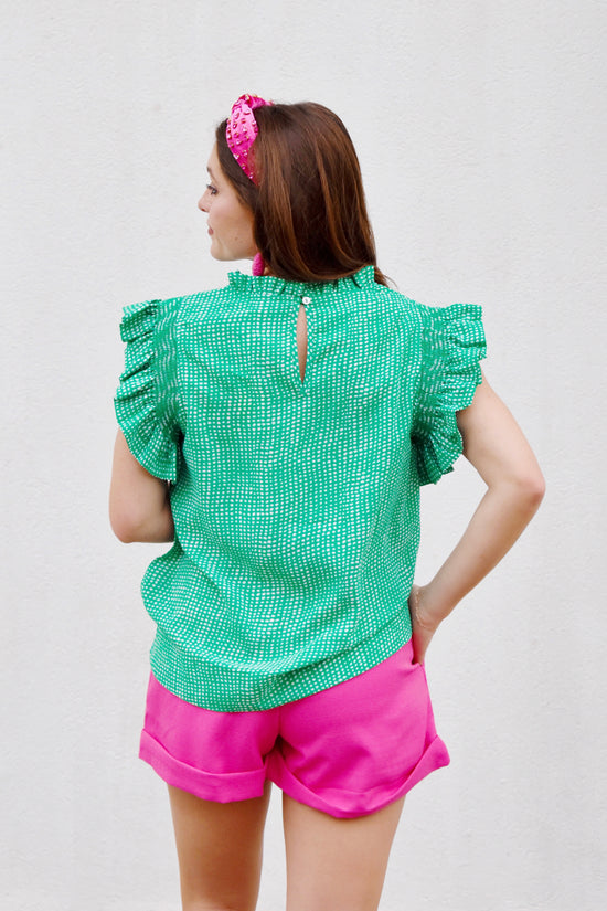 Load image into Gallery viewer, Kelly Green Polka Dot Ruffle Top
