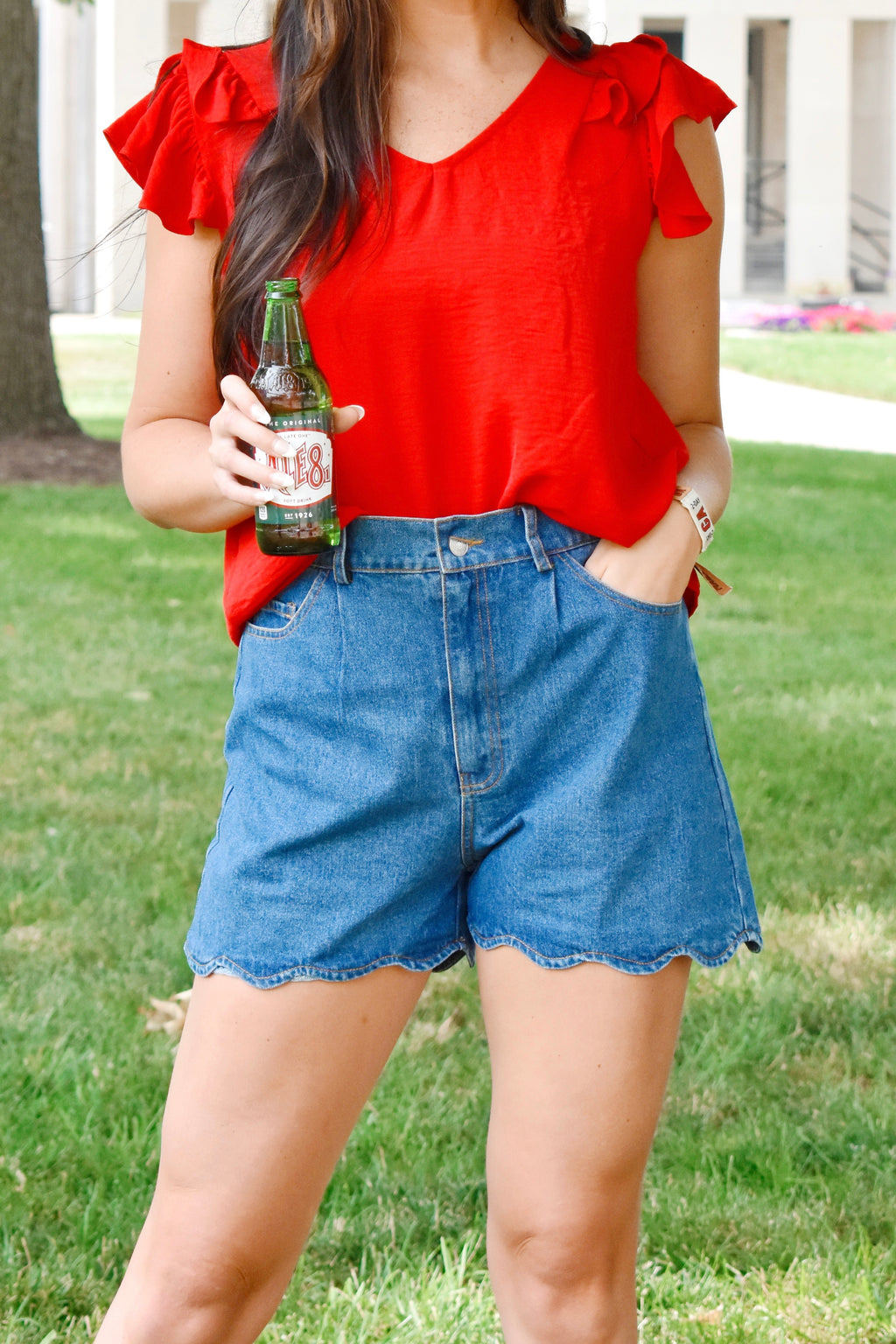 scalloped denim shorts