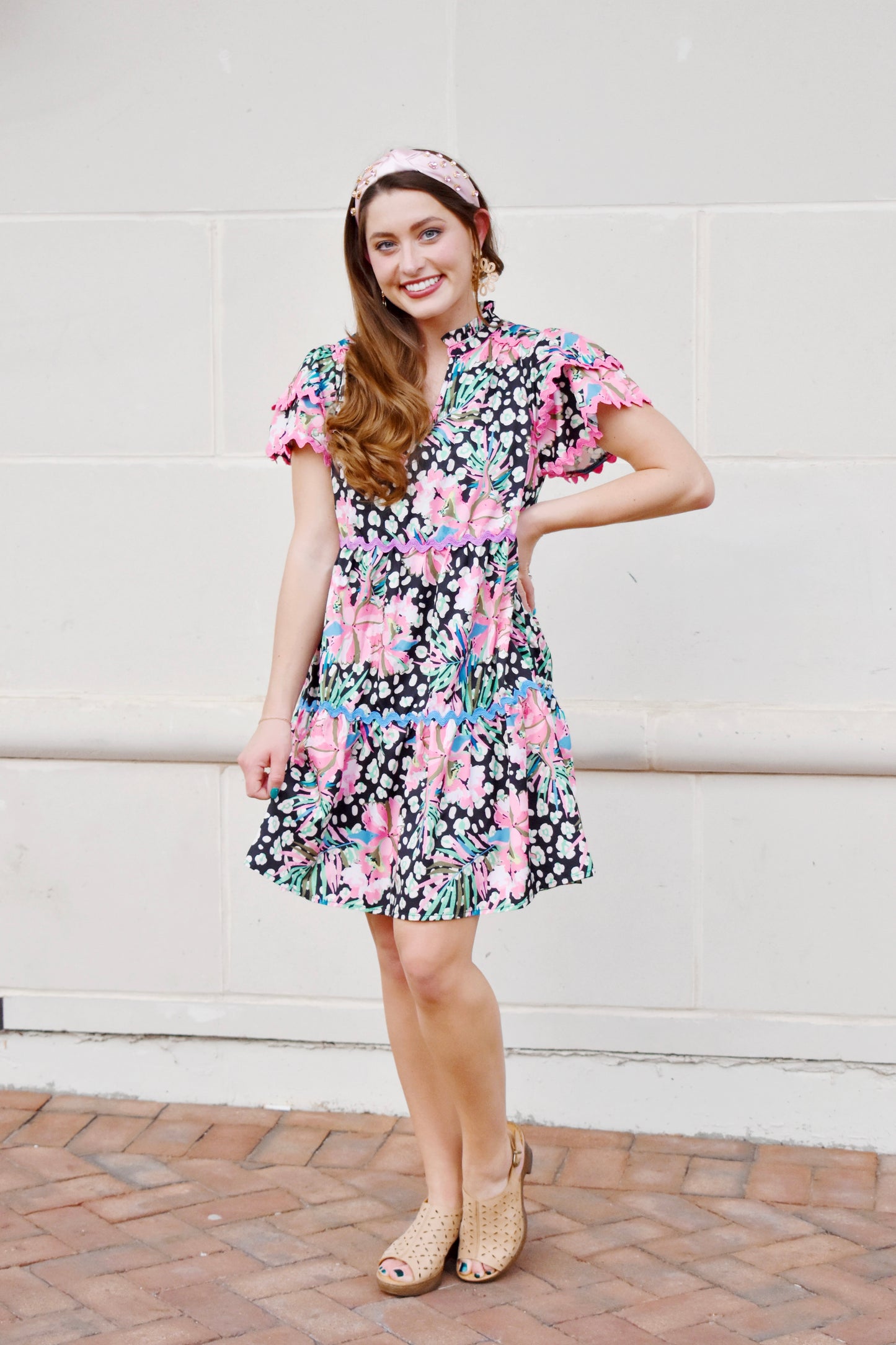 Load image into Gallery viewer, Ric Rac Trim Black Floral Tiered Dress
