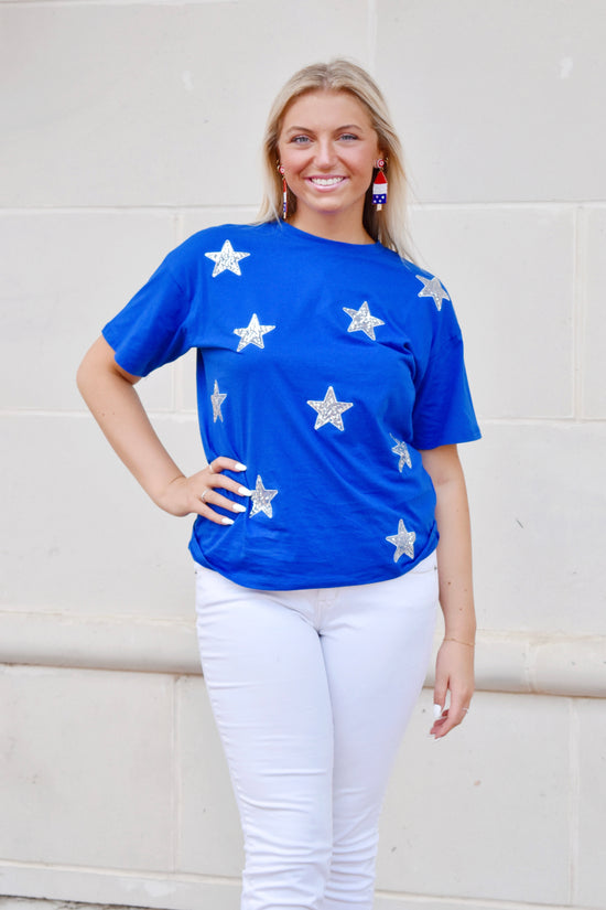 Load image into Gallery viewer, Royal Blue Sequin Star Patch T-Shirt
