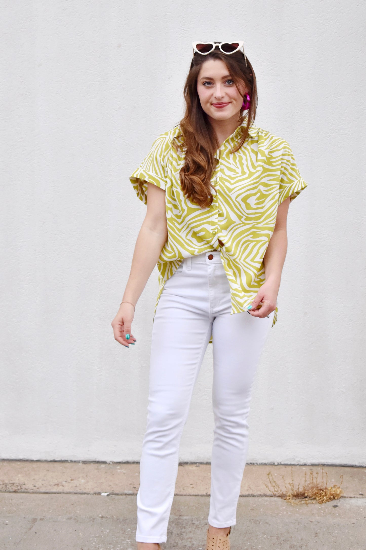 Lime Zebra Printed Collared Button Up Top