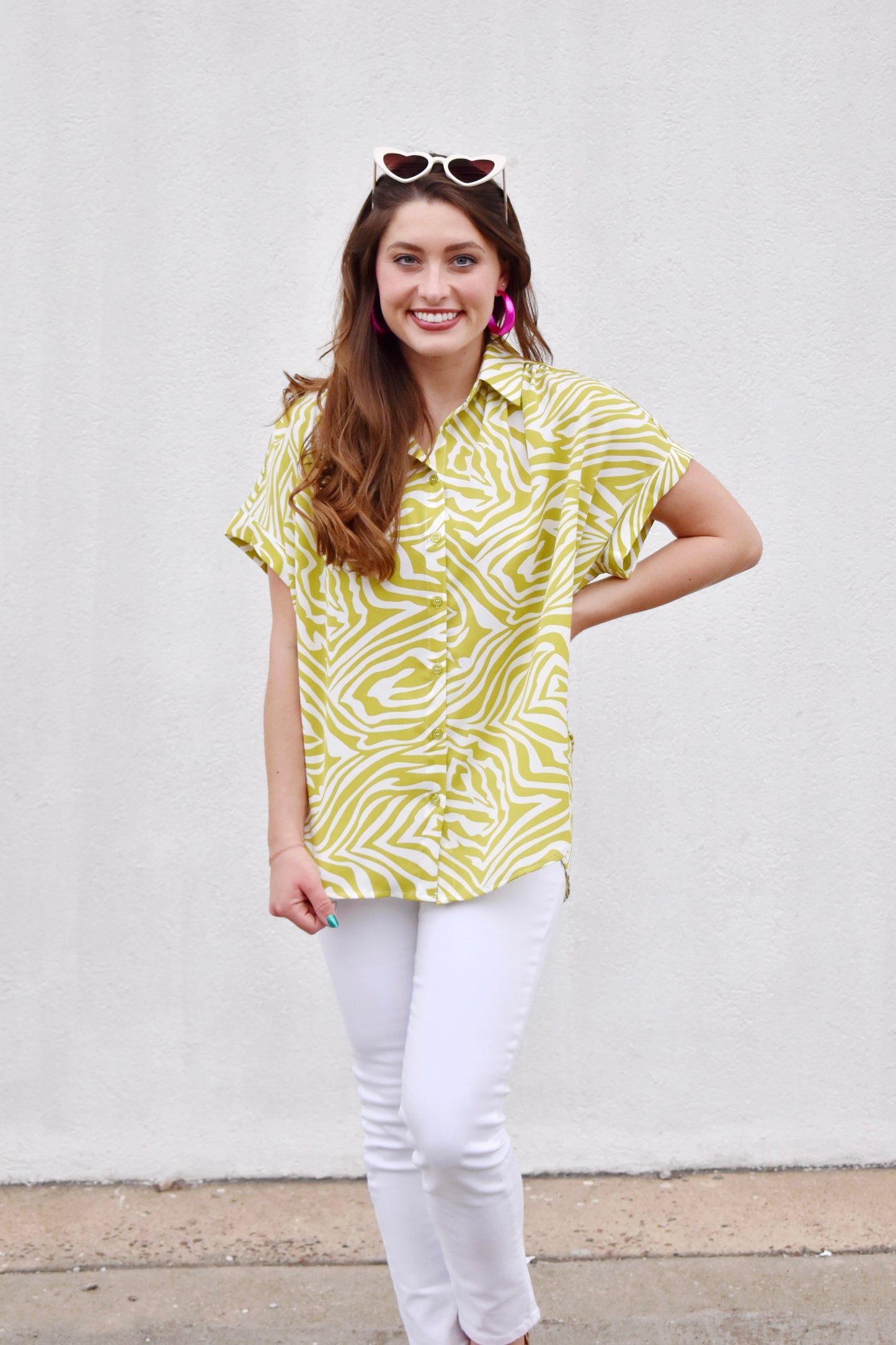 Load image into Gallery viewer, Lime Zebra Printed Collared Button Up Top
