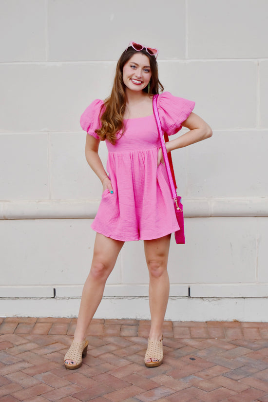 Load image into Gallery viewer, Bubblegum Pink Square Neck Gauze Romper
