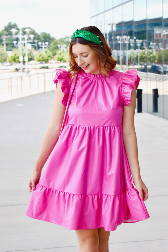 Pink Pleather Ruffle Dress