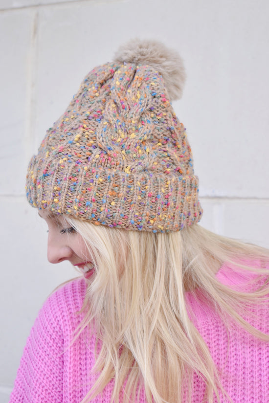 Load image into Gallery viewer, Taupe Confetti Pom Pom Beanie
