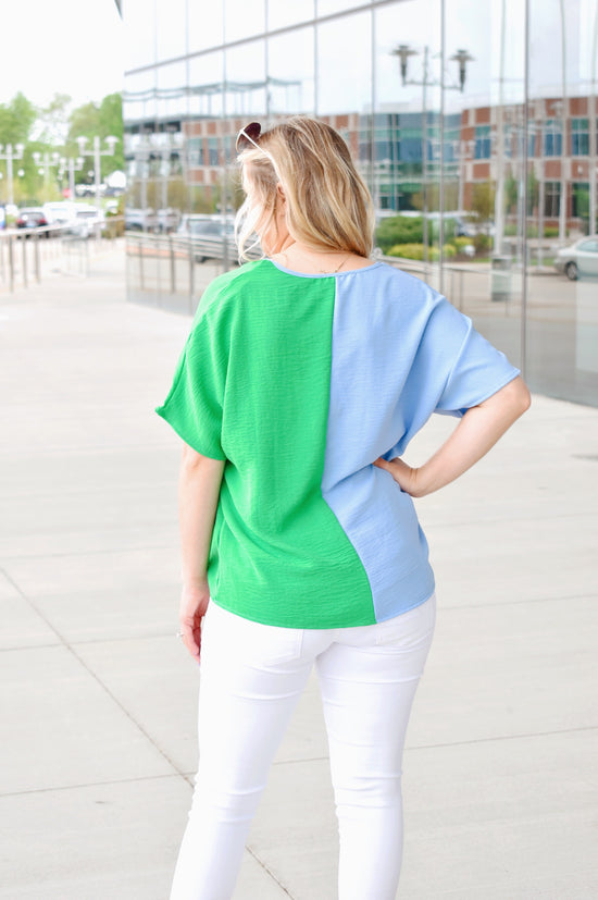 Kelly Green & Blue Colorblock Top