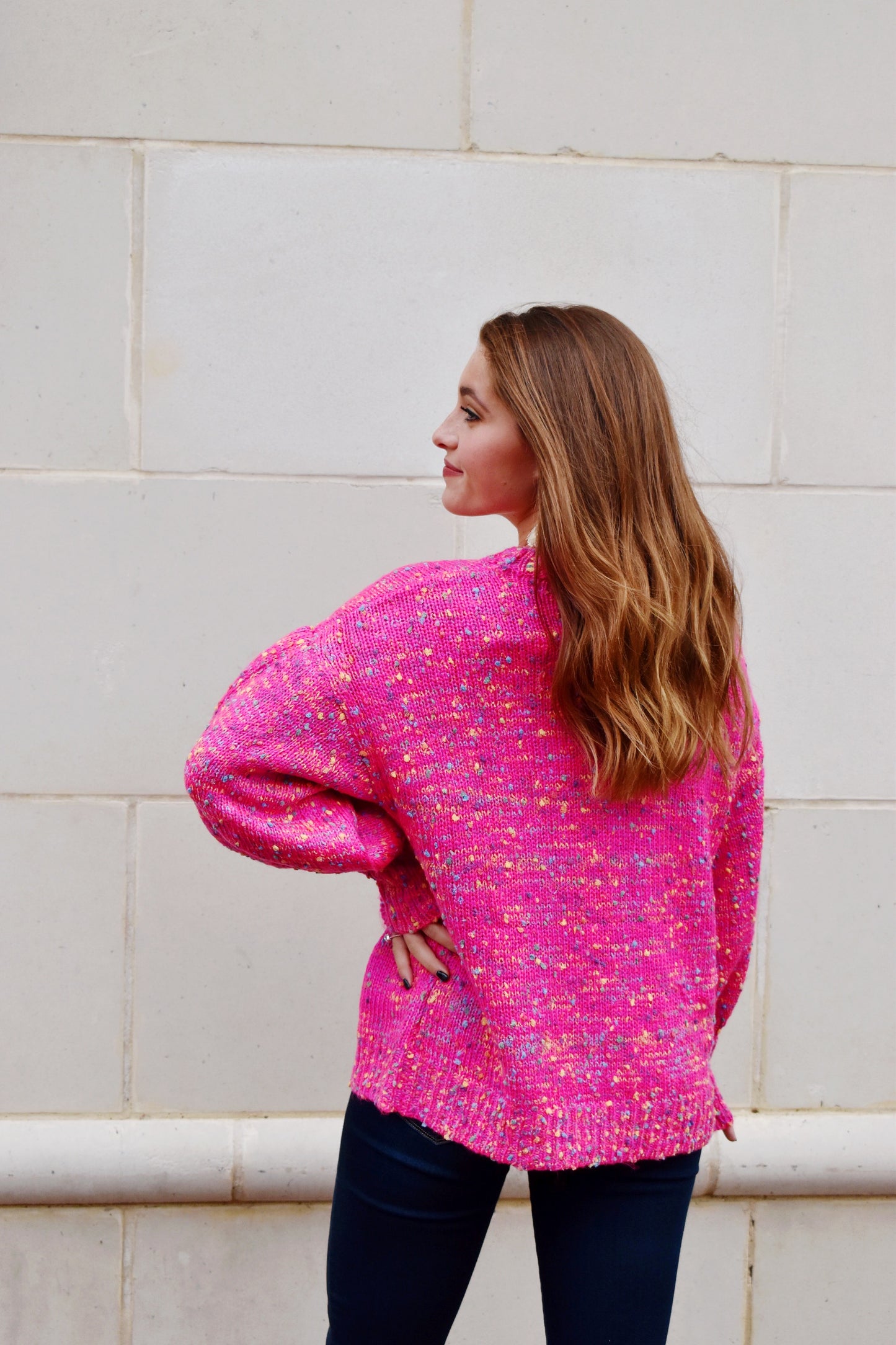 Load image into Gallery viewer, Pink Balloon Sleeve Confetti Knit Sweater
