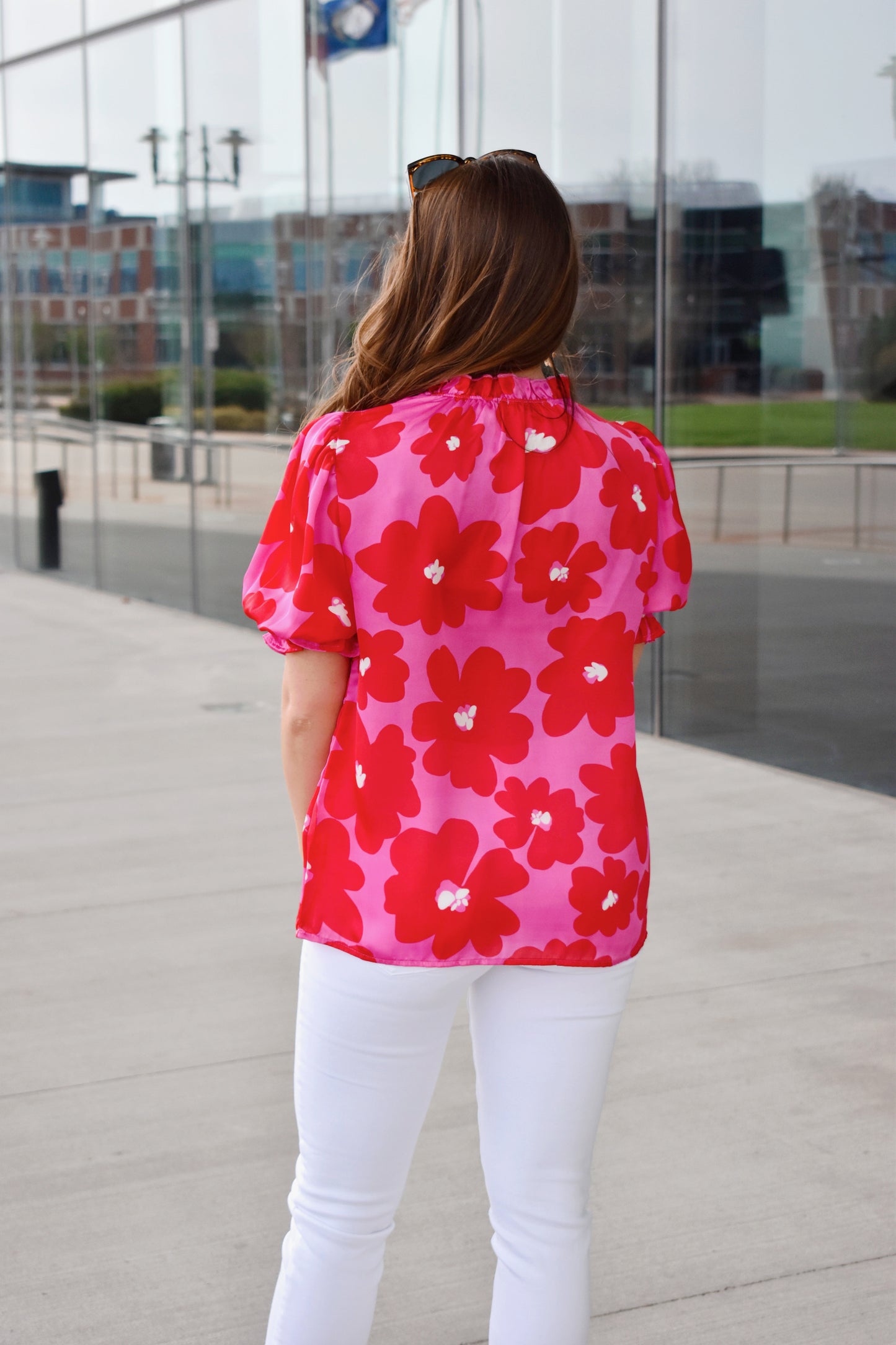 Load image into Gallery viewer, Pink &amp;amp; Red Floral Frilly Top
