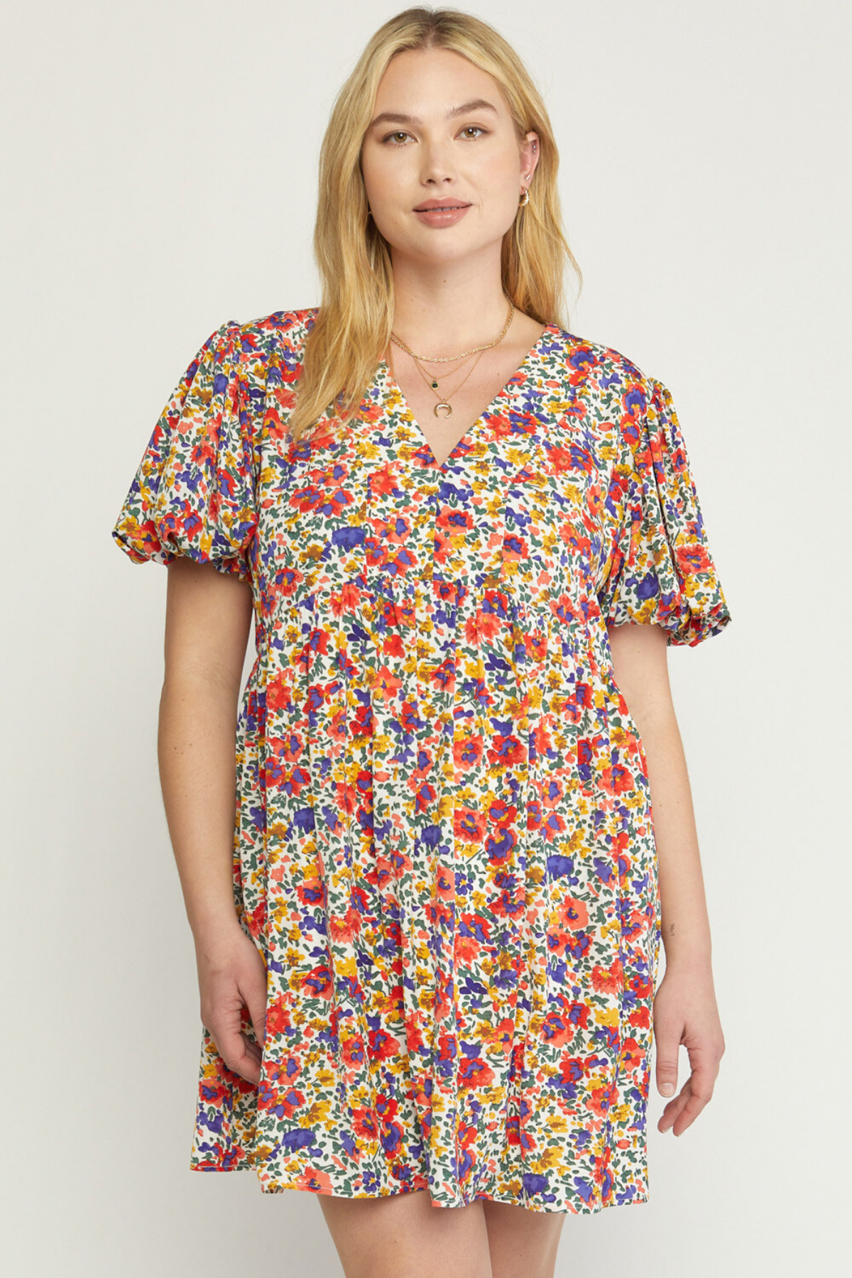 Plus Multicolor Floral Bubble Sleeve Dress