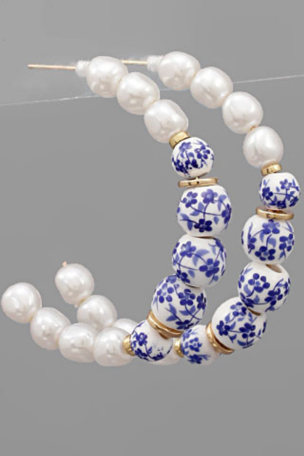 Load image into Gallery viewer, Blue Floral Ball &amp;amp; Pearl Hoop Earrings
