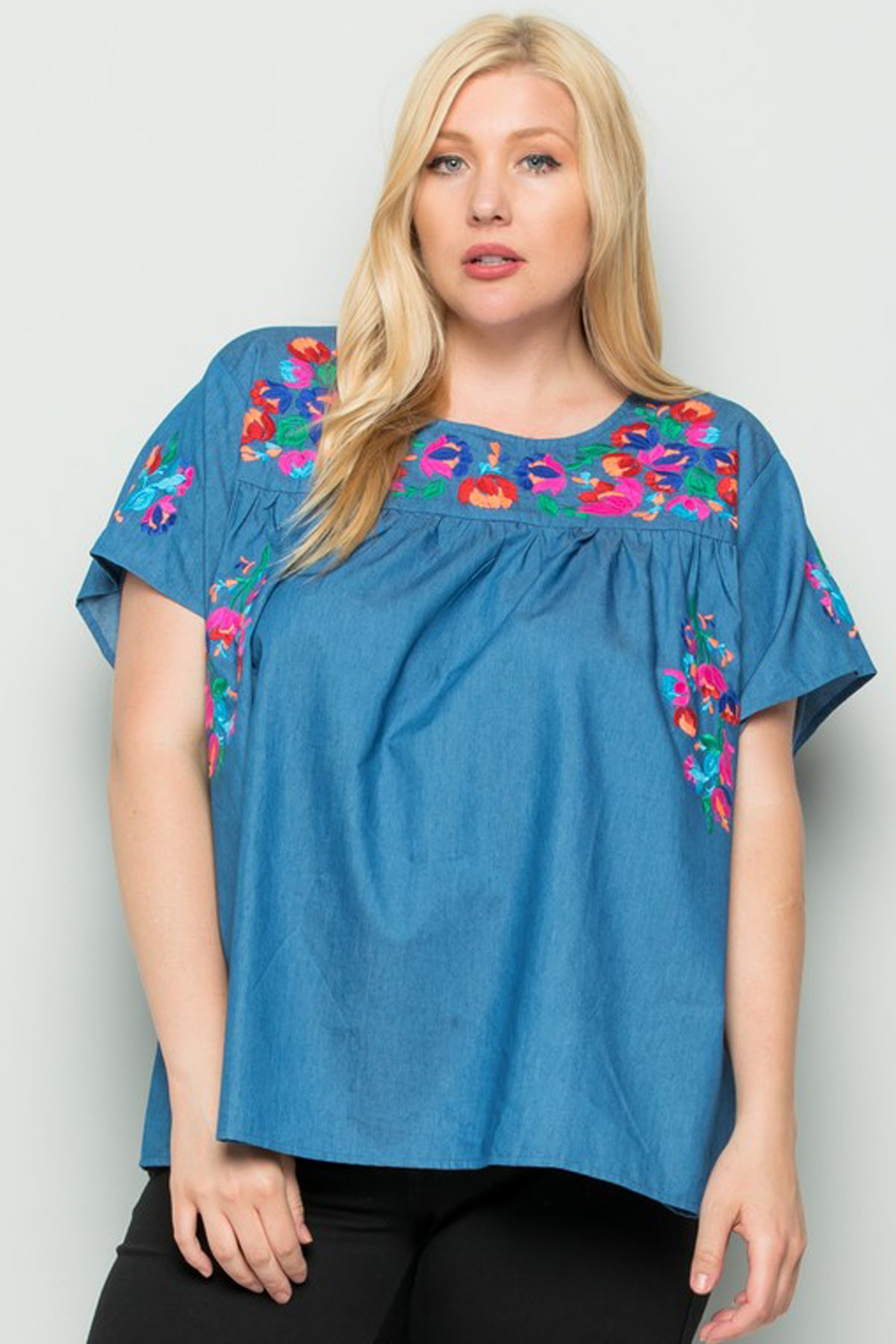Plus Embroidery Chambray Blouse