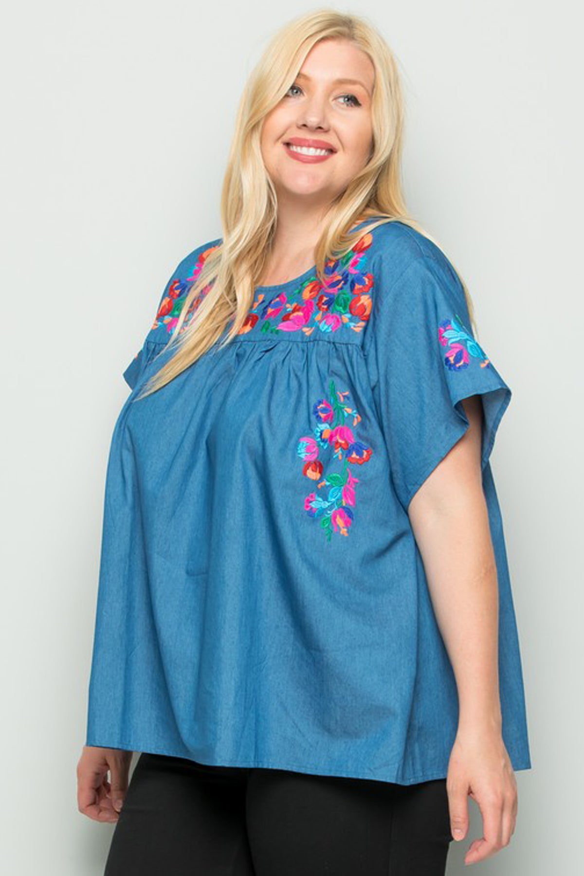 Load image into Gallery viewer, Plus Embroidery Chambray Blouse
