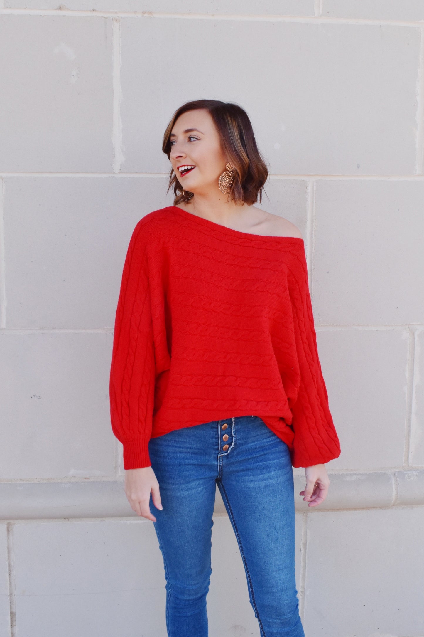 Red Cable Knit Detail Dolman Sweater