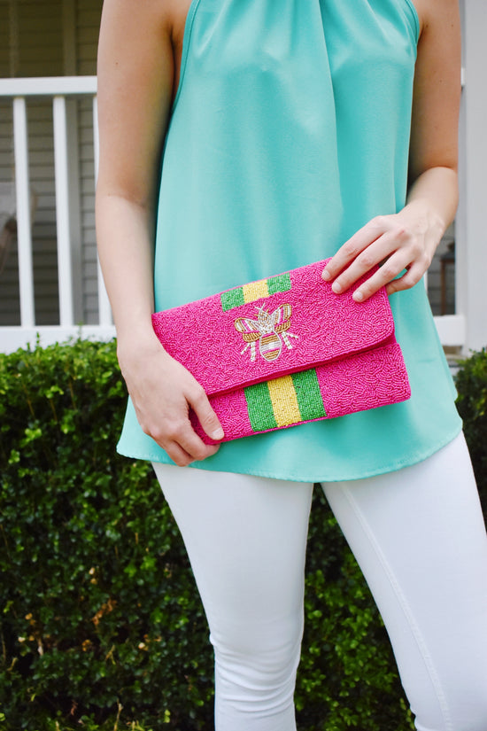 Load image into Gallery viewer, Queen Bee Striped Beaded Clutch Pink
