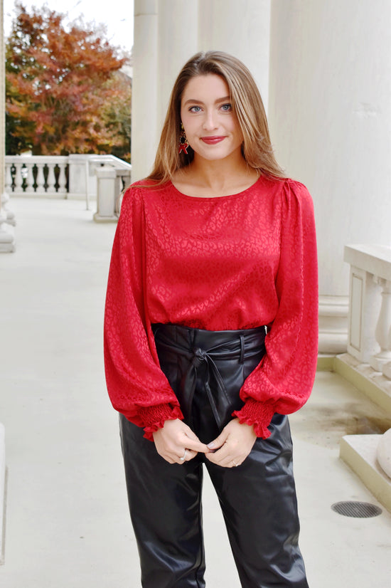 Load image into Gallery viewer, Red Jacquard Balloon Sleeve Blouse
