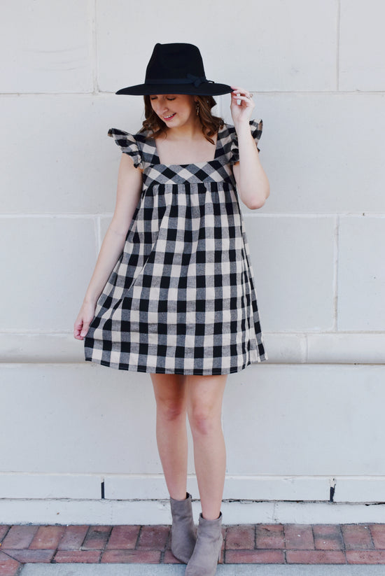 Load image into Gallery viewer, Fall Feelings Gingham Flutter Sleeve Dress
