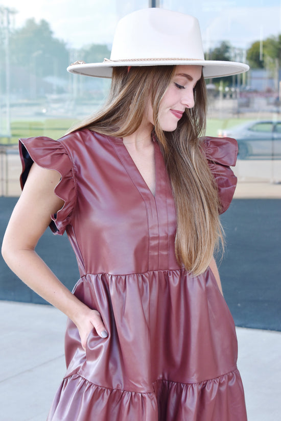 She's So Trendy Chocolate Leather Frill Dress