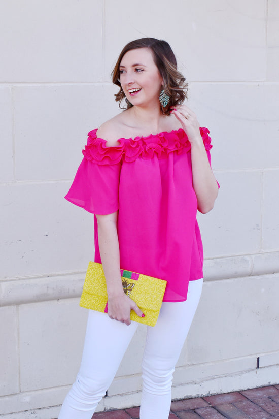 Fuchsia Frill Off The Shoulder Blouse