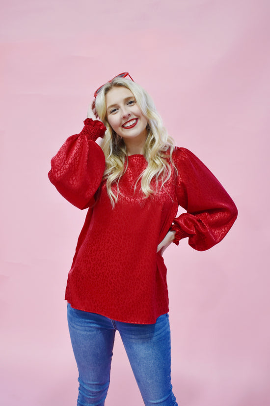 Red Jacquard Balloon Sleeve Blouse