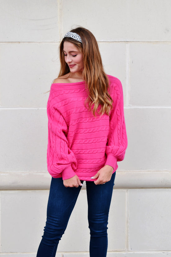 Hot Pink Cable Knit Detail Dolman Sweater