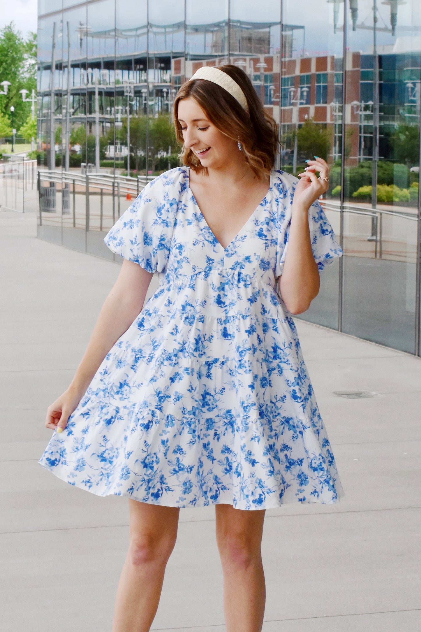 Julia Blue Floral Bubble Sleeve Dress