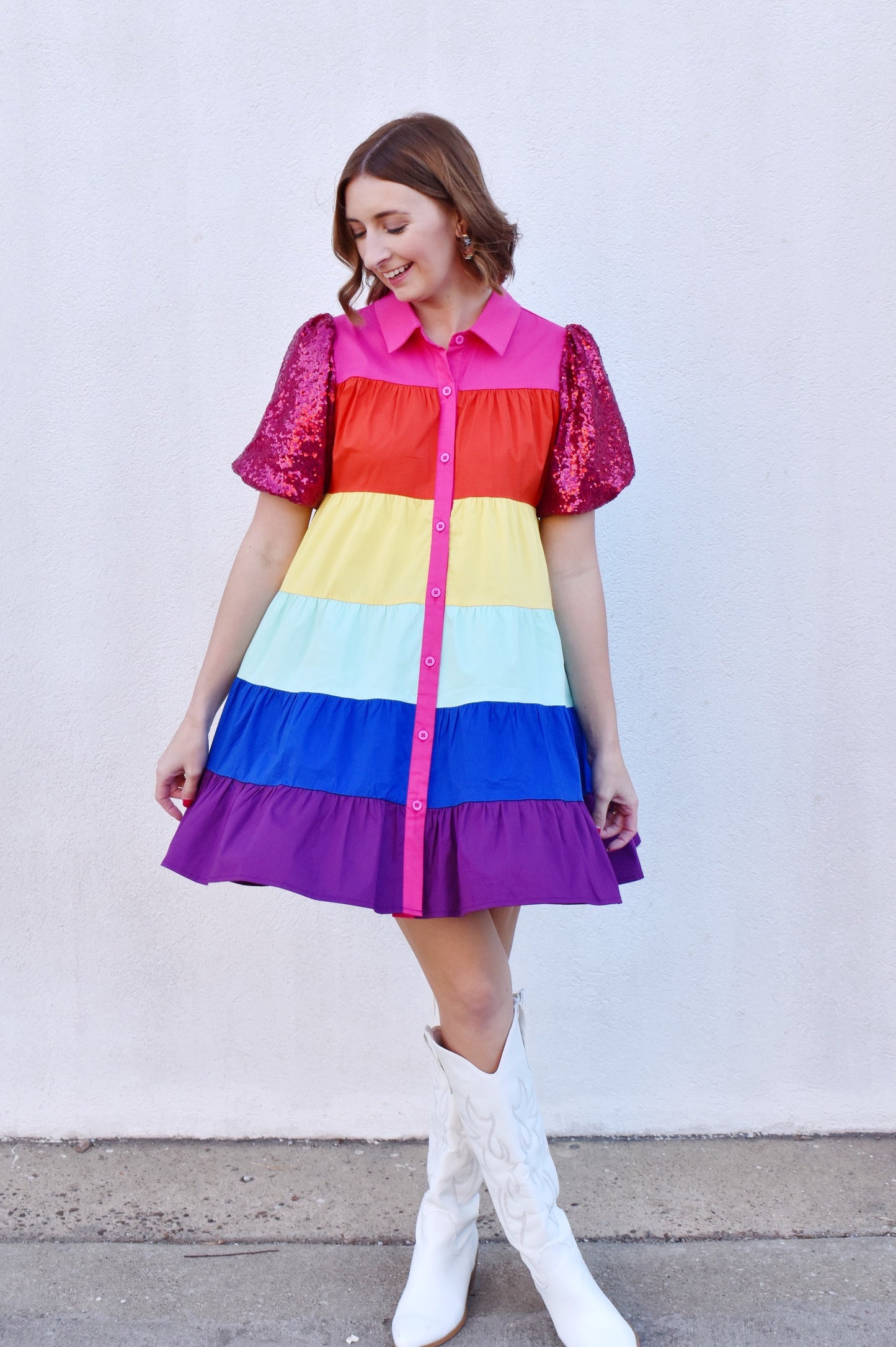 Rainbow Queen Sequin Sleeve Tiered Dress