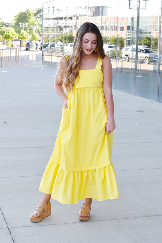 Load image into Gallery viewer, Lemon Yellow Midi Dress With Bow

