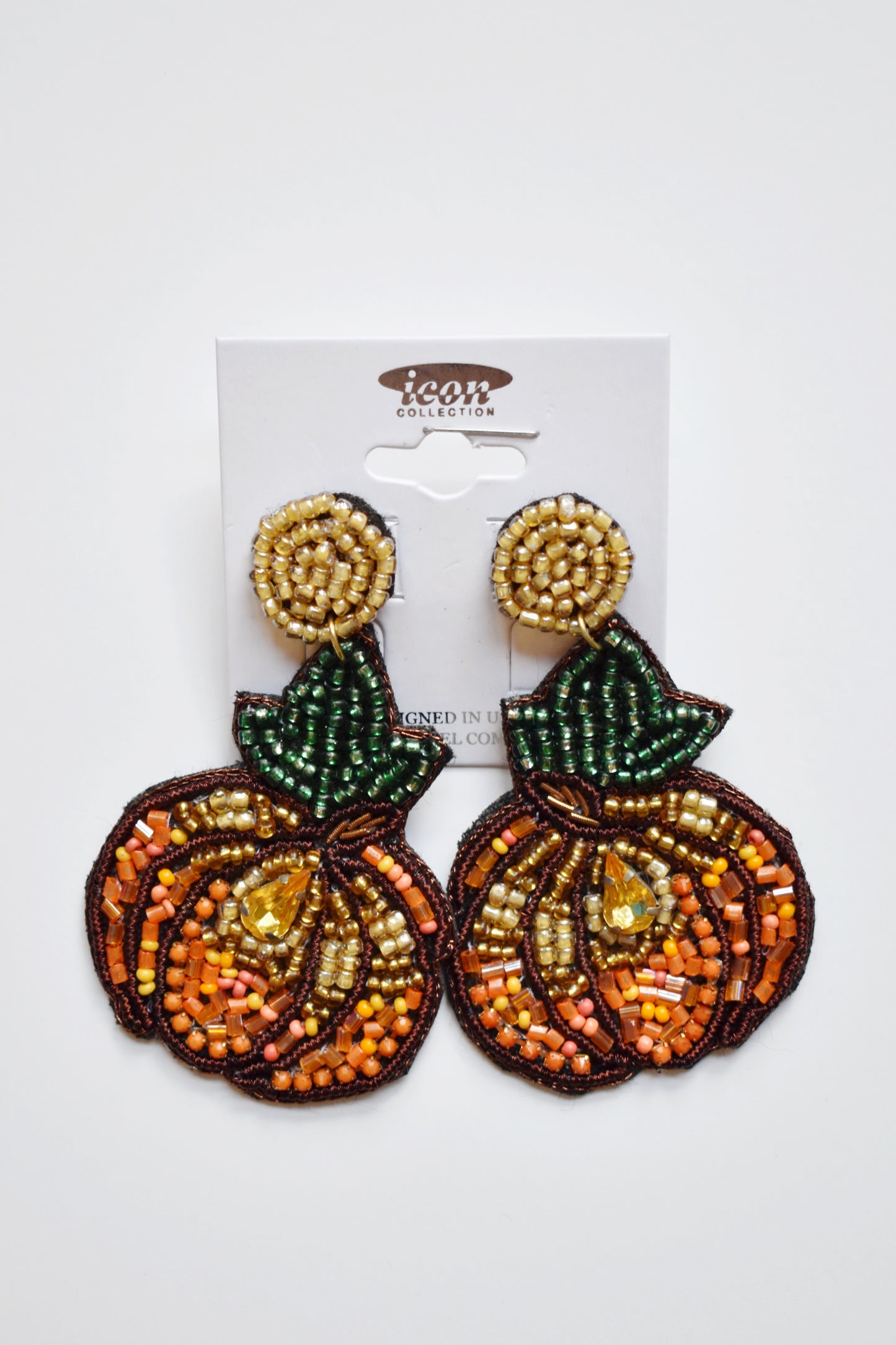 Beaded Pumpkin With Leaf Earrings