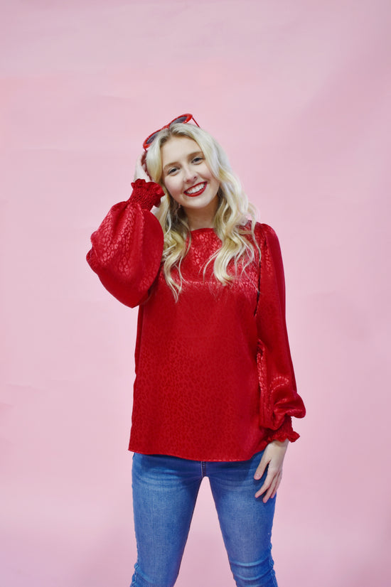 Load image into Gallery viewer, Red Jacquard Balloon Sleeve Blouse
