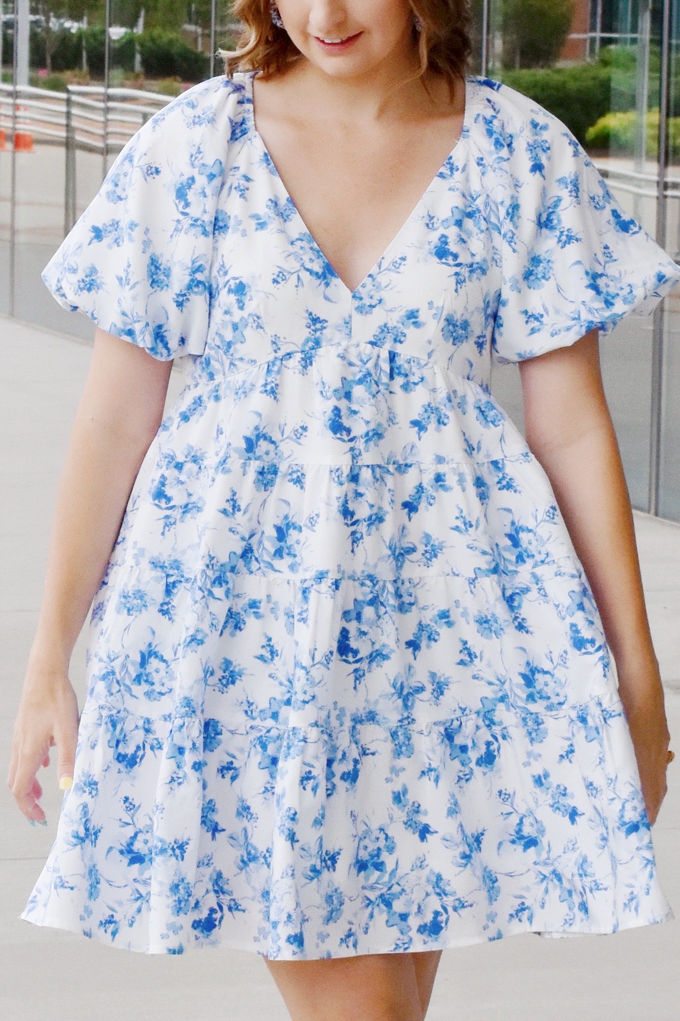 Julia Blue Floral Bubble Sleeve Dress