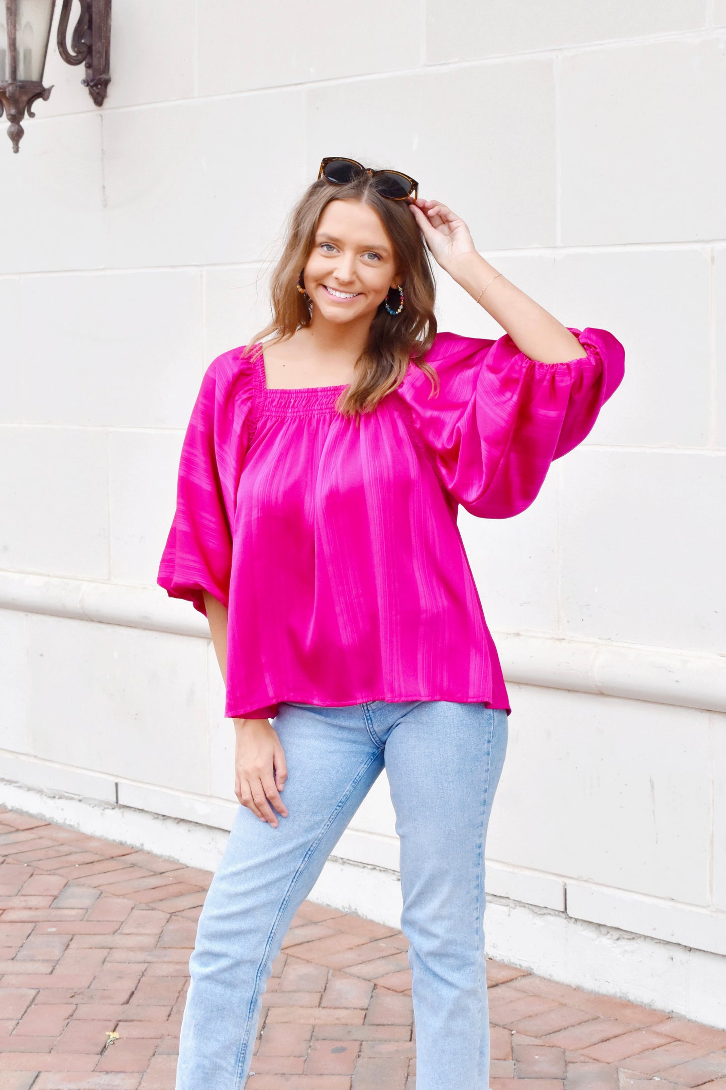 Load image into Gallery viewer, Magenta Satin Striped Puff Sleeve Blouse
