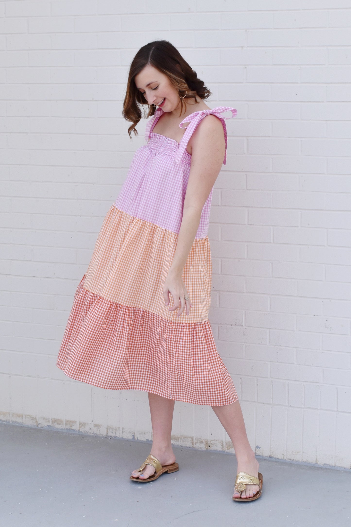 Load image into Gallery viewer, Sherbert Gingham Color Block Midi Dress
