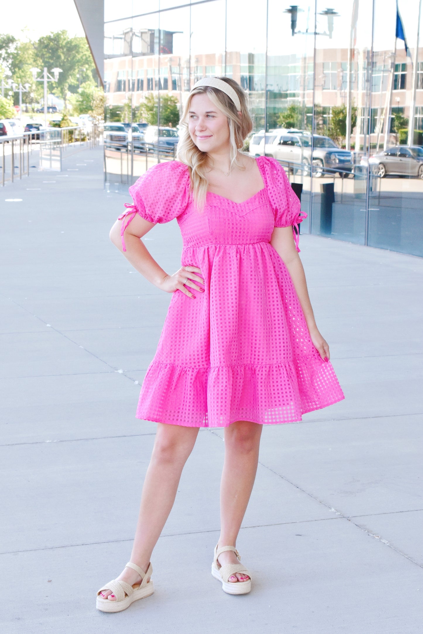 Load image into Gallery viewer, Hot Pink Grid Print Sweetheart Dress
