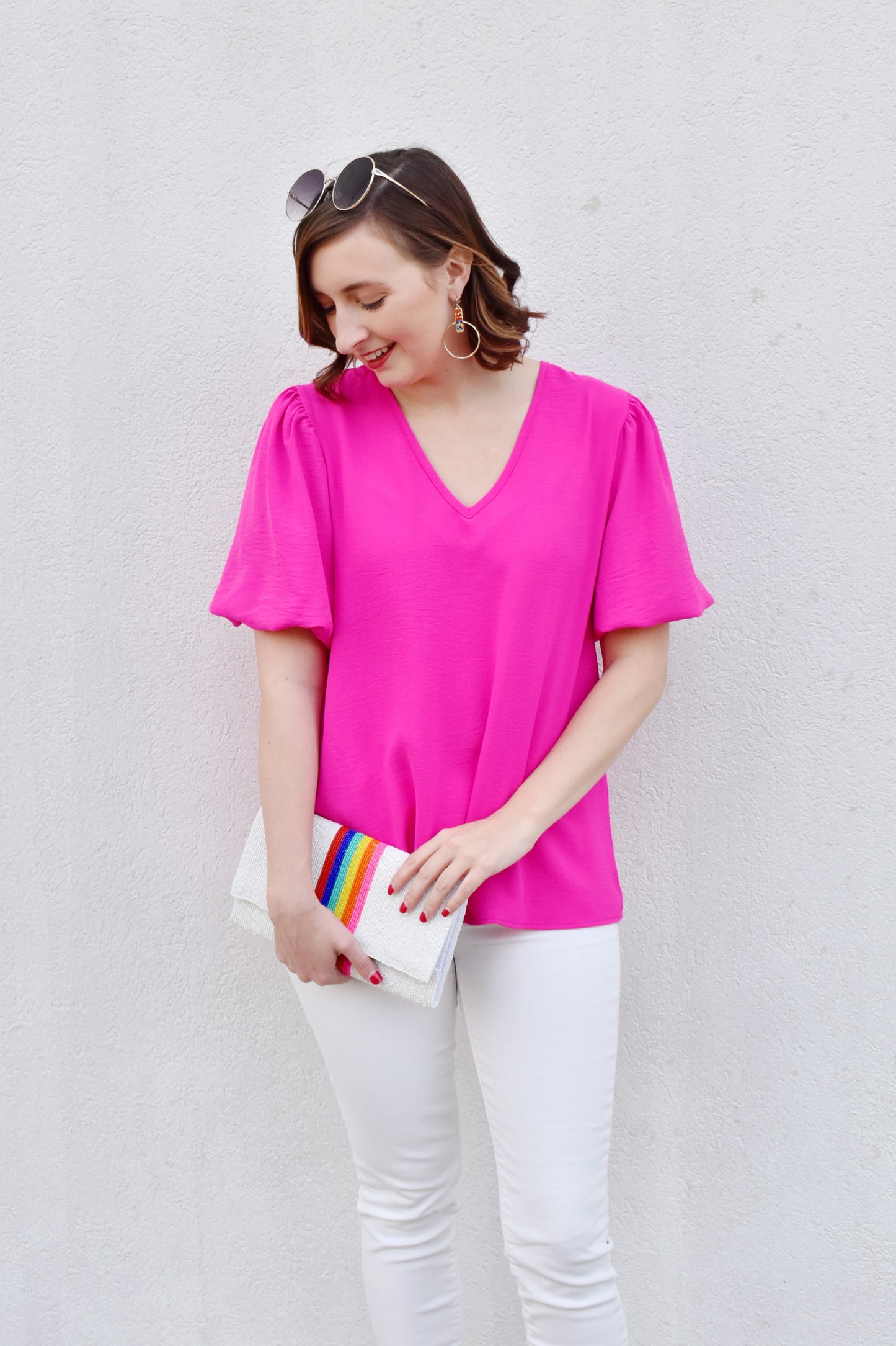 Hot Pink Bubble Sleeve Blouse