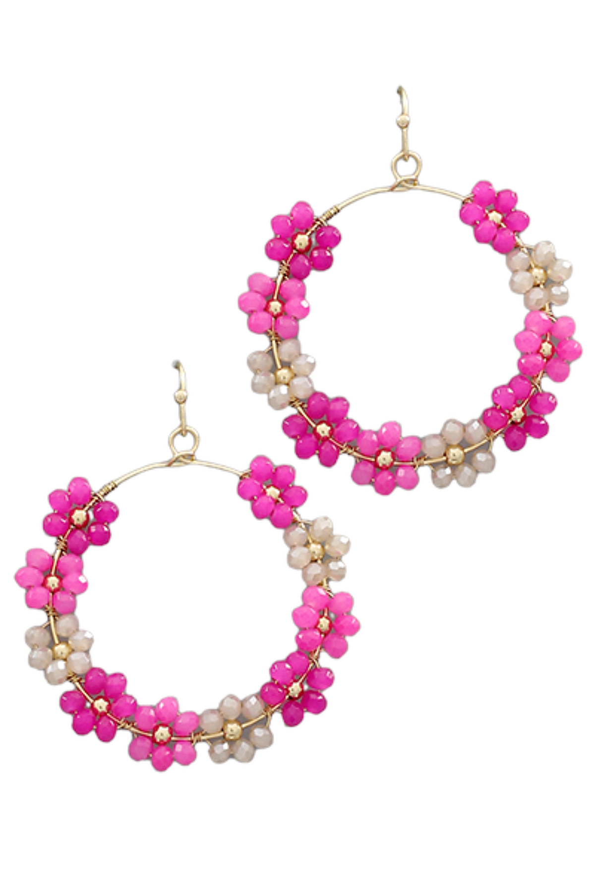 Pink Beaded Flower Circle Earrings