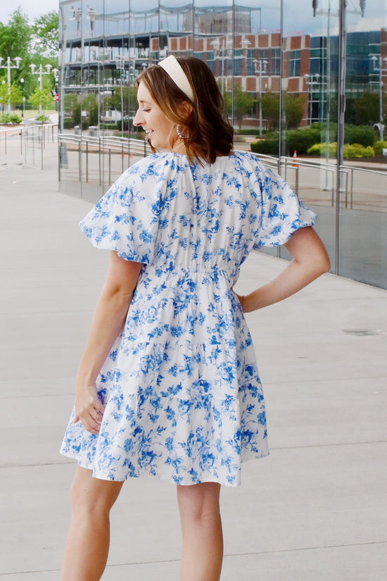 Julia Blue Floral Bubble Sleeve Dress